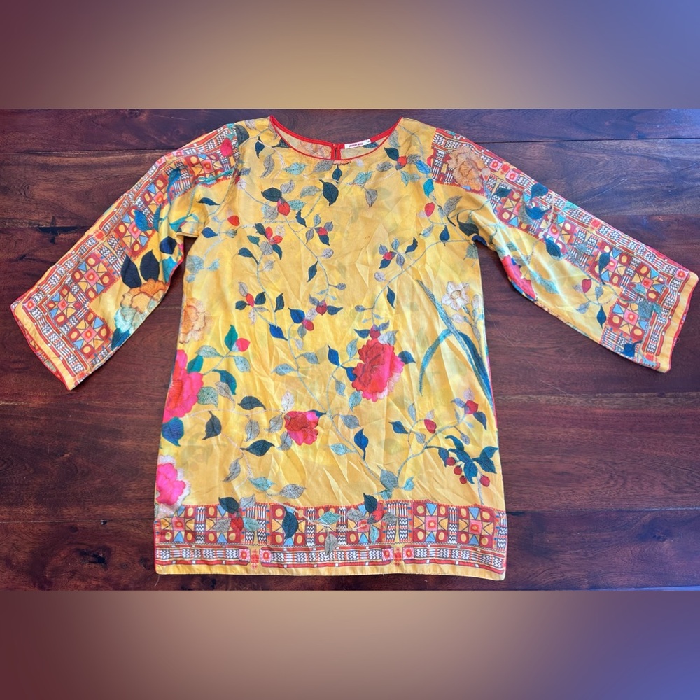 Johnny Was Seillio Yellow Floral Silk Tunic  L Boho Luxury Resort Beach